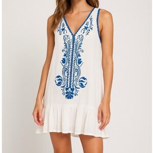 Dee Elly Embroidered Tank Top‎ Sleeveless Bohemian Casual White Blue Size L